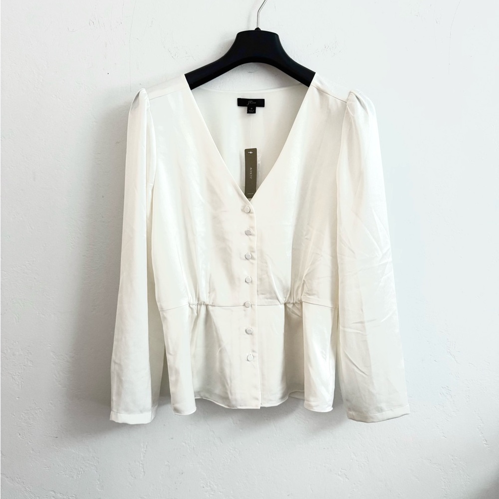 NWT J. Crew Ivory Cream Satin Like Button V neck Top w/Peplum Preppy Sexy Style